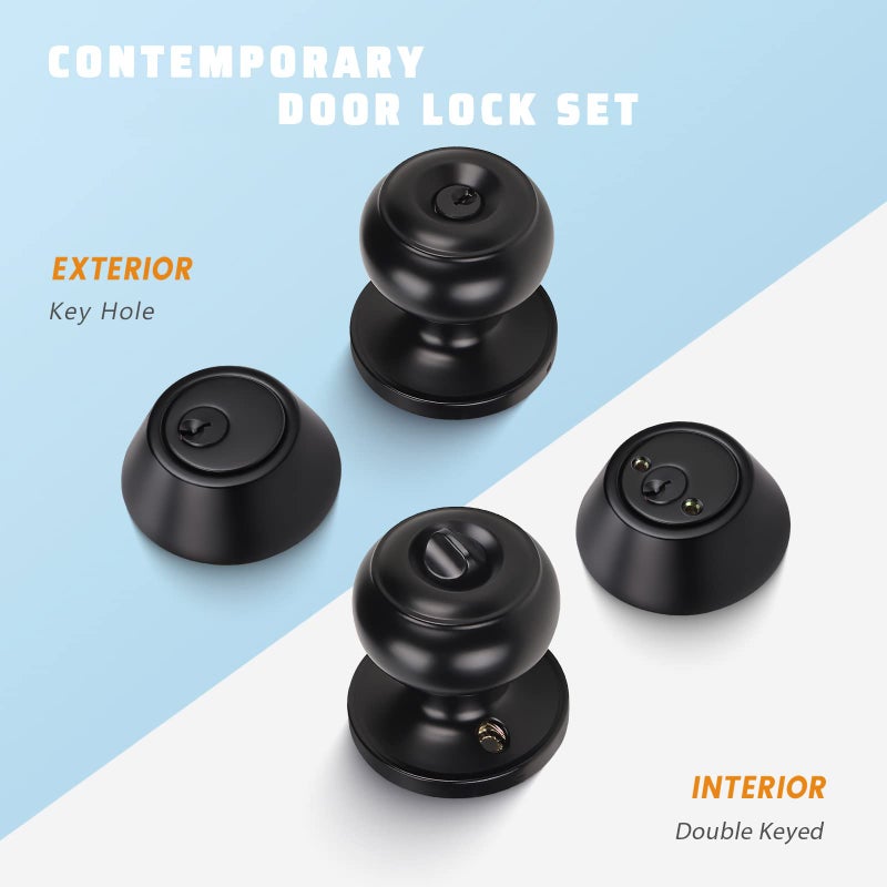 KNOBWELL 1 Pack Keyed Alike Door Knob and Double Cylinder Deadbolt Set, Exterior Door Lock Set with Deadbolt, Double Keyed Deadbolt, Black Front Door Knob and Deadbolt - Image 2